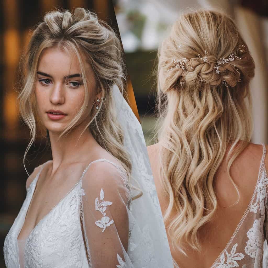 A side view of a bride with a flower crown, showcasing the harmonious blend of flowers and flowing hair.