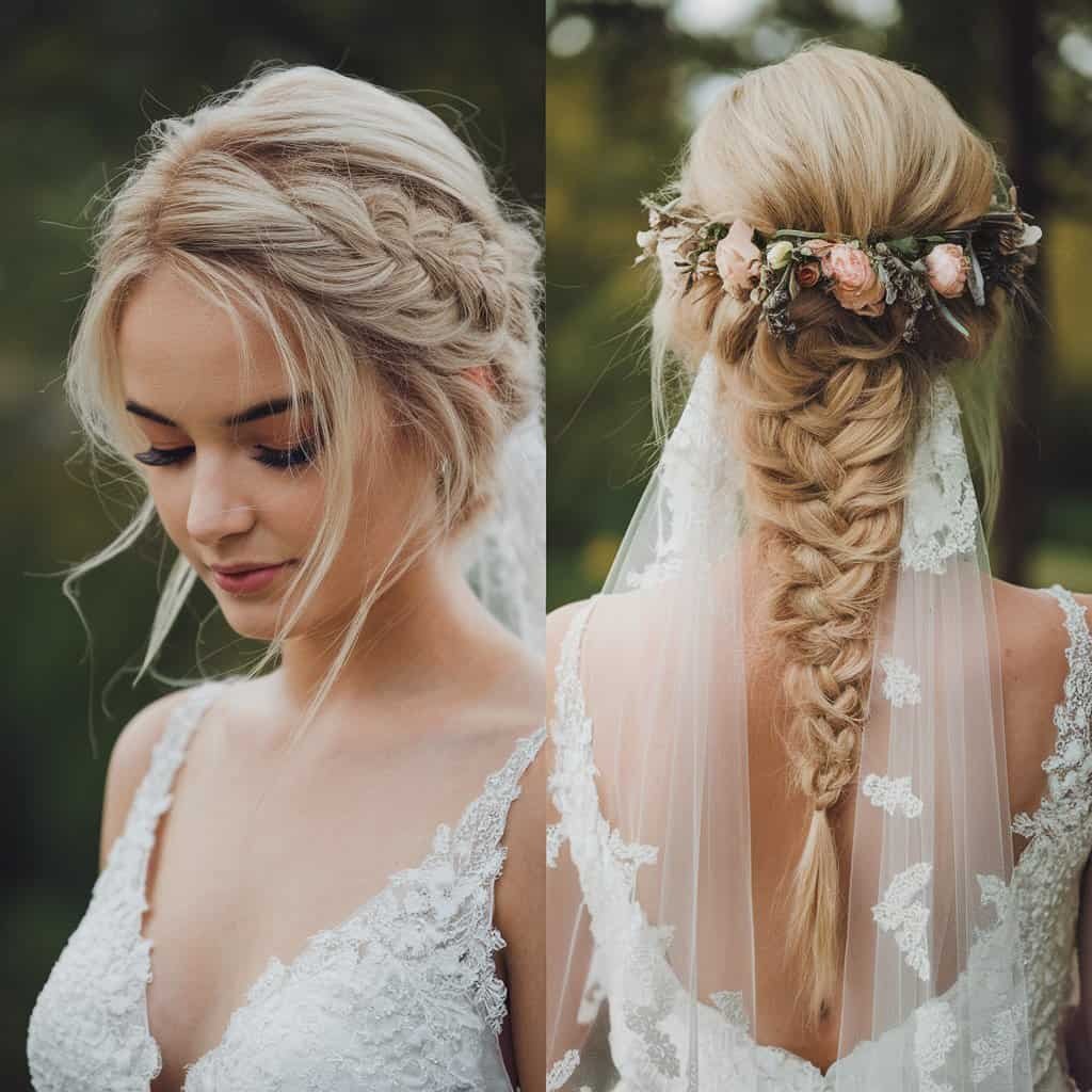 The back of a bride with a Dutch braid, revealing the detailed craftsmanship and any embellishments or flowers added