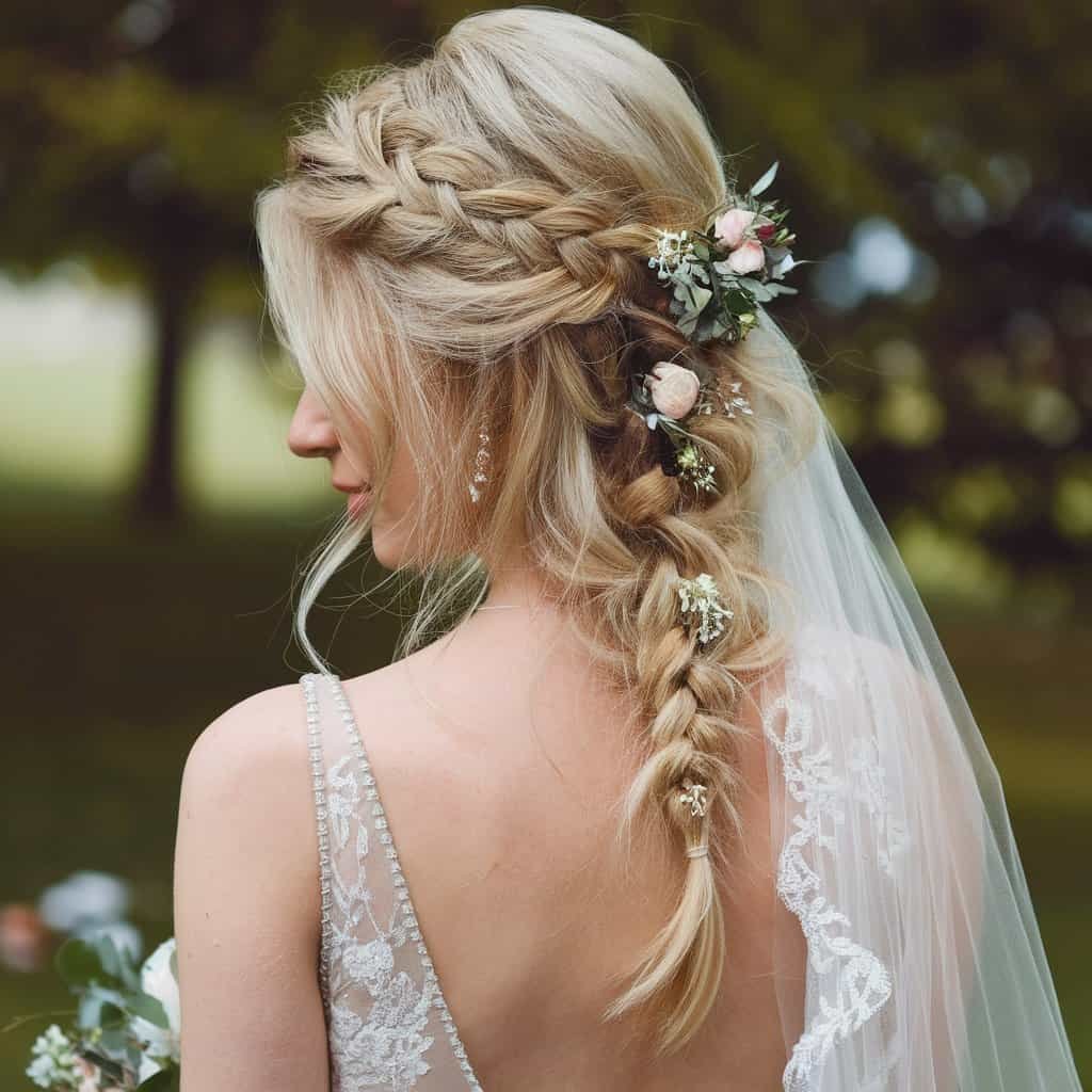 A bride featuring a striking Dutch braid wrapped around her head, emphasizing the bold, three-dimensional plait.