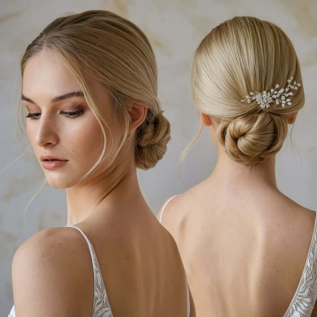 he back of a bride with a classic chignon, revealing the neat, polished bun and any hidden hairpins or floral accents
