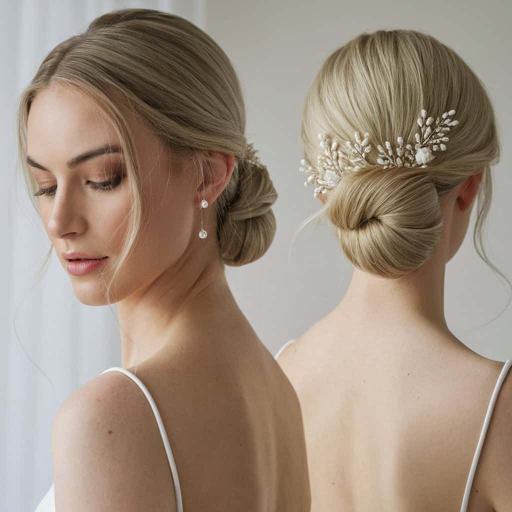 A side view of a bride’s classic chignon, emphasizing the smooth silhouette and graceful neckline, creating a timeless bridal look.