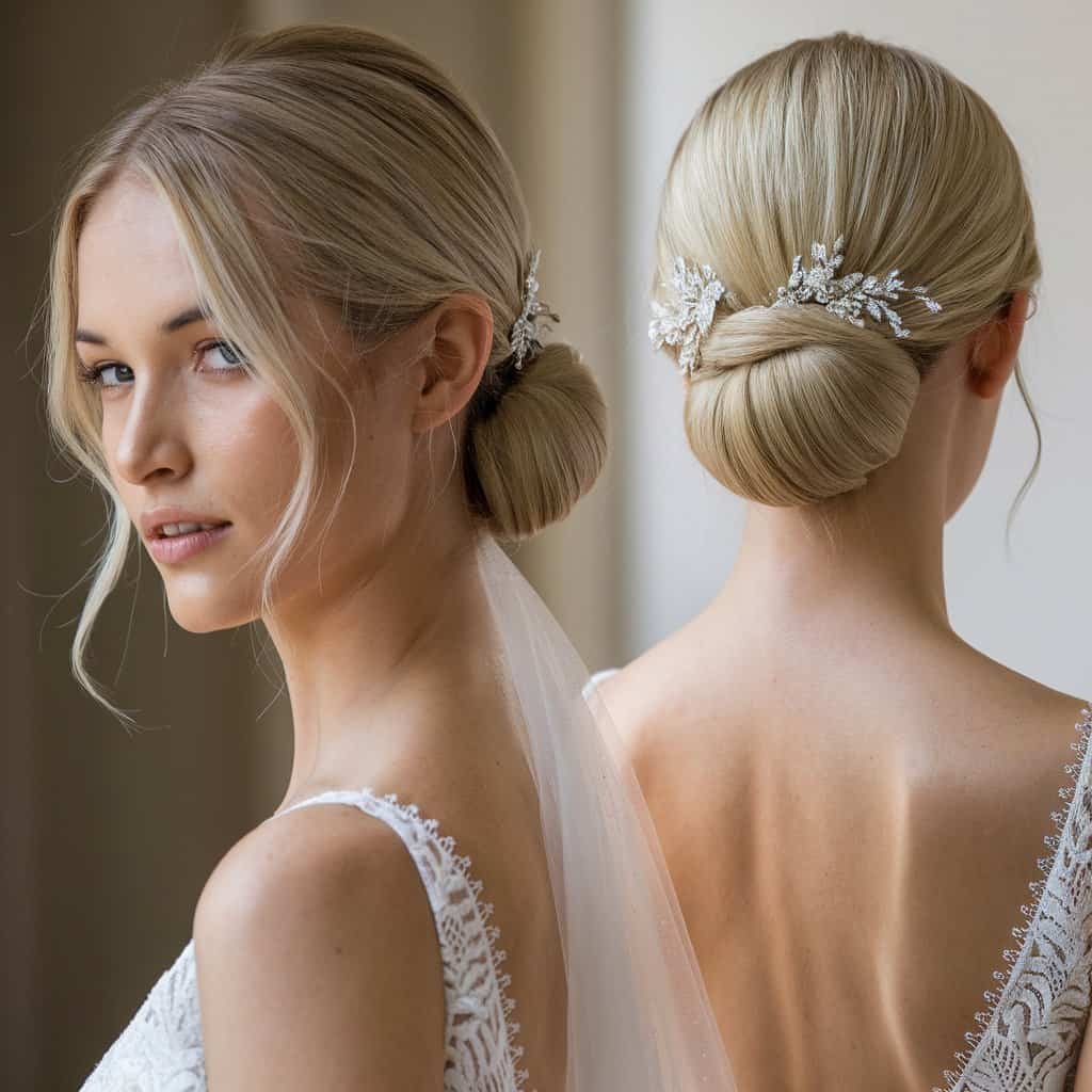 Close-up of a classic chignon hairstyle on a bride, showcasing intricate twists and a sleek finish, perfect for highlighting hair accessories.