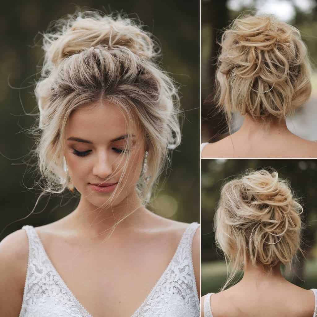 Close-up of a bride's messy bun, showcasing the tousled texture and playful strands that enhance her natural beauty, perfect for a casual wedding atmosphere
