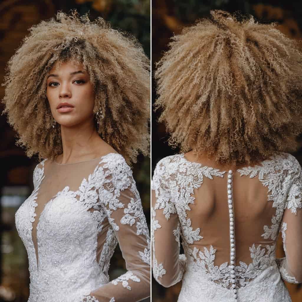 Close-up of a bride’s afro-textured hairstyle, highlighting the natural curls and intricate detailing
