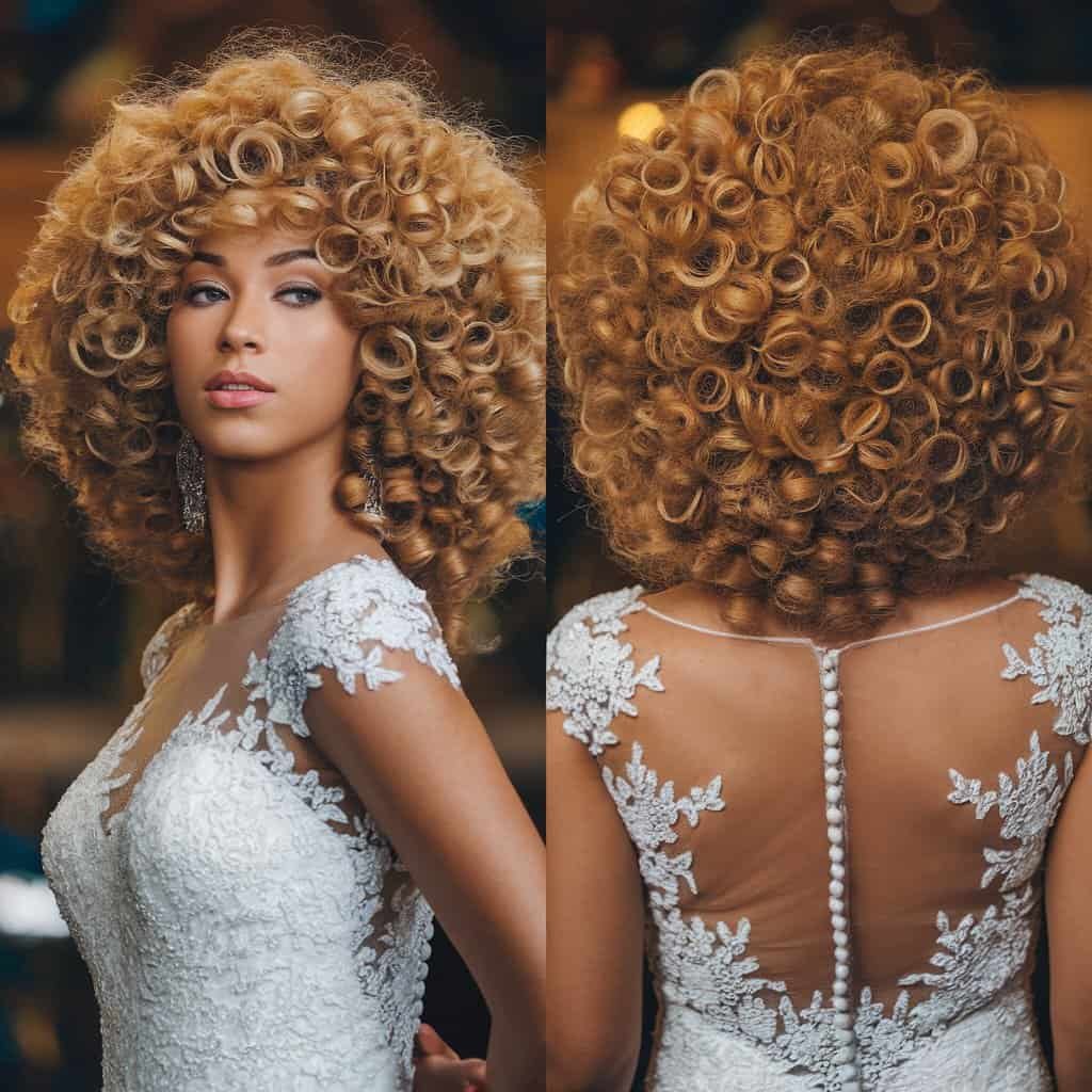 A bride with stunning afro-textured hair styled in a voluminous crown that celebrates her unique beauty.