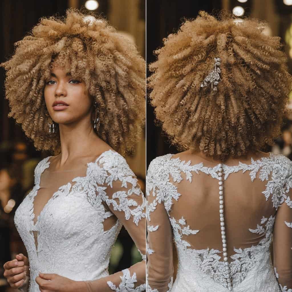 A side view of a bride with afro-textured hair, emphasizing the fullness and elegance of the style.