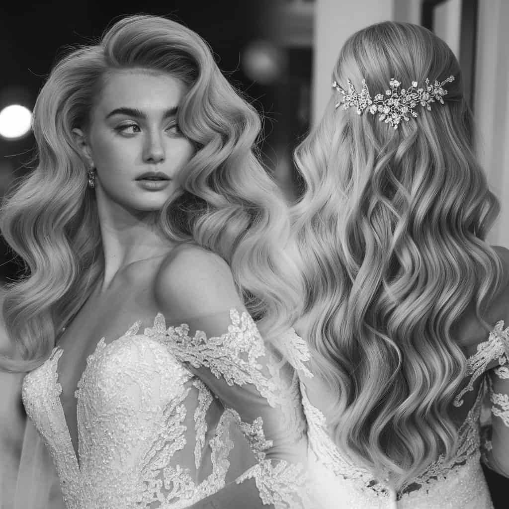 A side view of a bride with Old Hollywood glamour, emphasizing the classic style and refined features.
