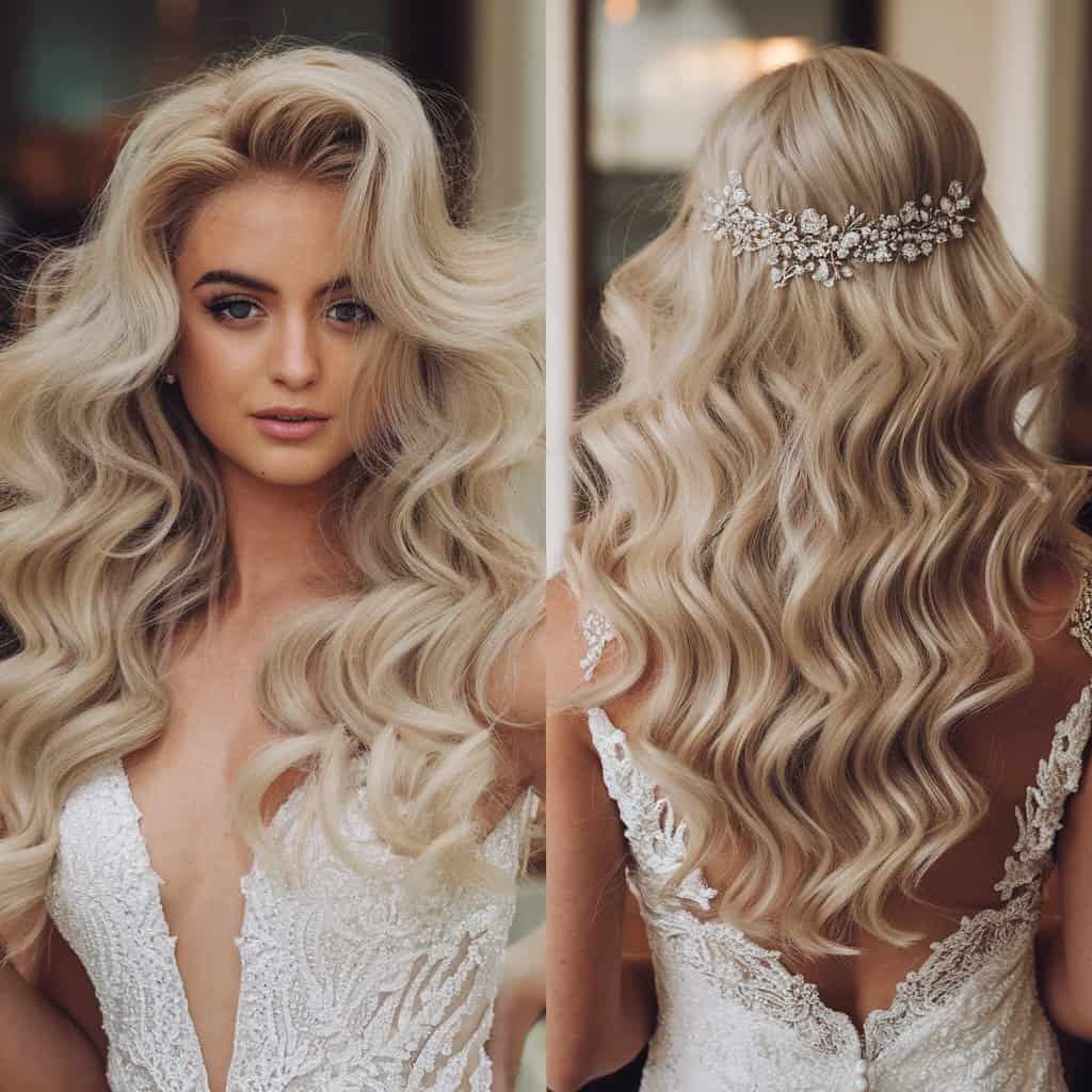 Close-up of a bride’s Old Hollywood waves, highlighting the smooth, polished finish and dramatic volume