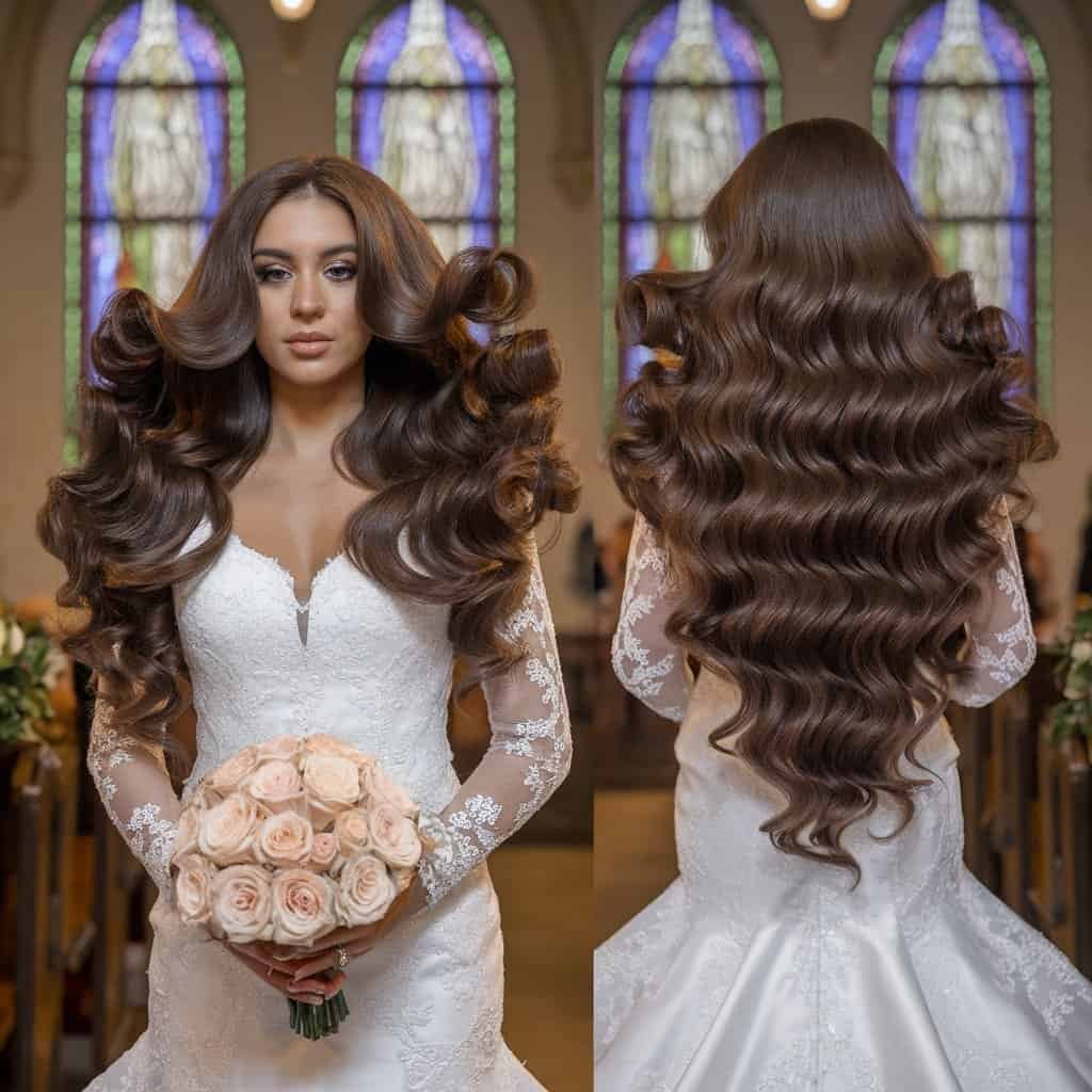 A bride embodying Old Hollywood glamour with vintage-inspired waves elegantly styled to one side.