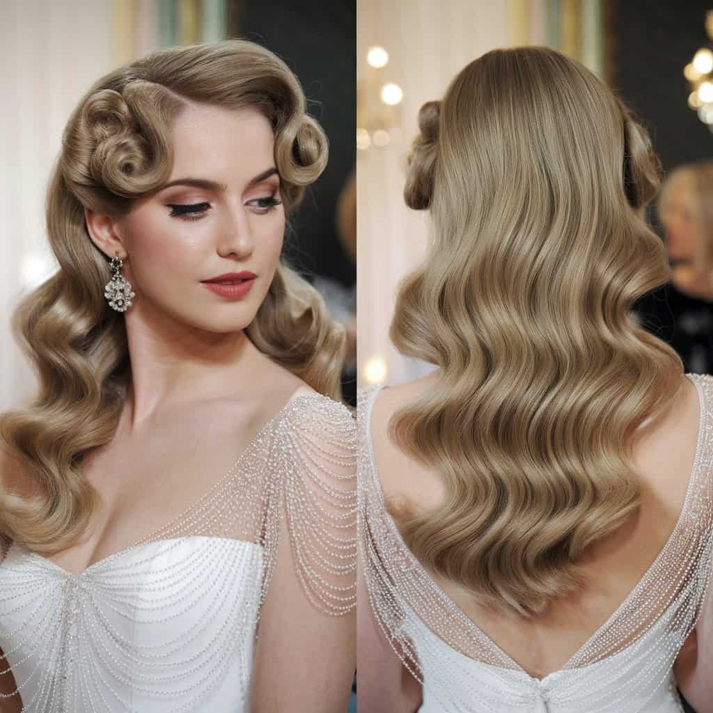A side view of a bride with mermaid waves, emphasizing the large curls and the movement of the hairstyle