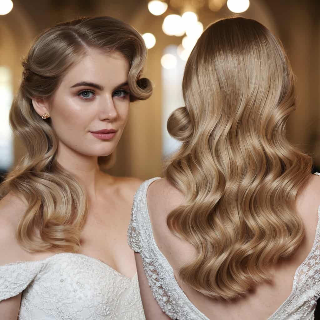 Close-up of a bride’s mermaid waves, showcasing the voluminous curls and soft tendrils that frame her face