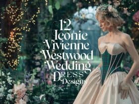 A stunning photo titled "10 Spectacular Vivienne Westwood Wedding Dress Options" set against an enchanting backdrop of a romantic garden