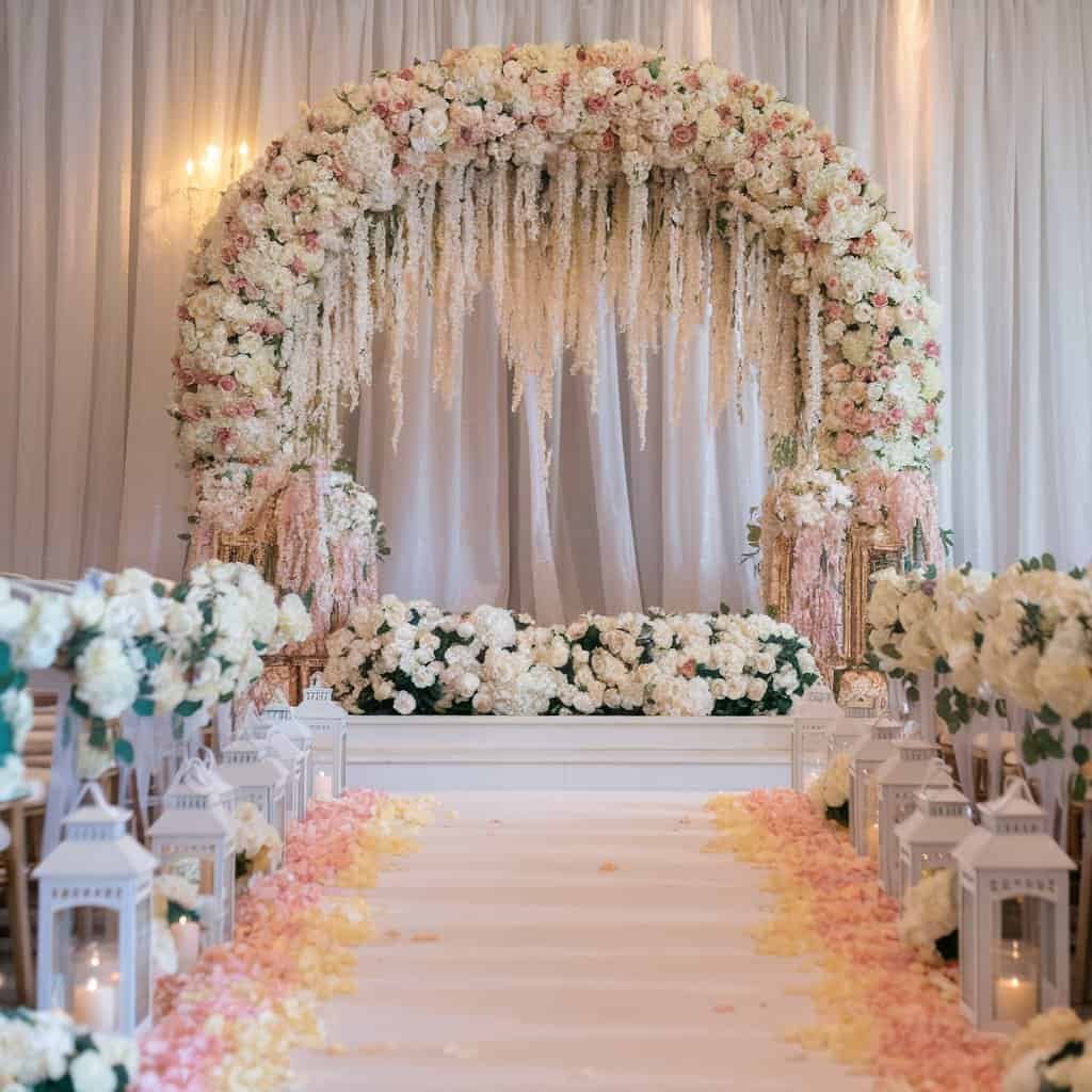 Elegant ceremony decorations with floral arches, petal-strewn aisles, and decorated seating. Wedding decor checklist for ceremony setup.