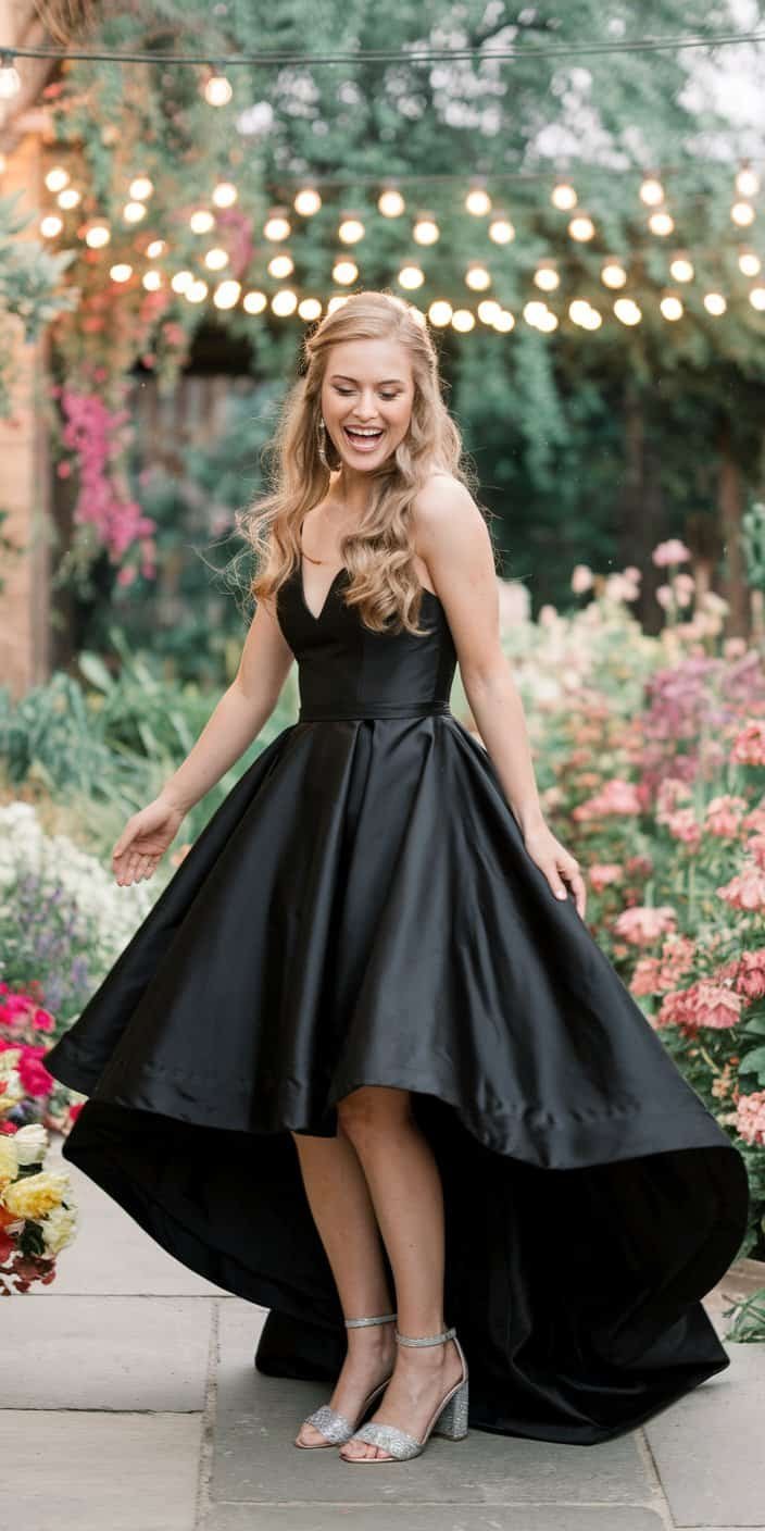 Playful bride wearing a high-low hemline black wedding dress showcasing sparkling heels.