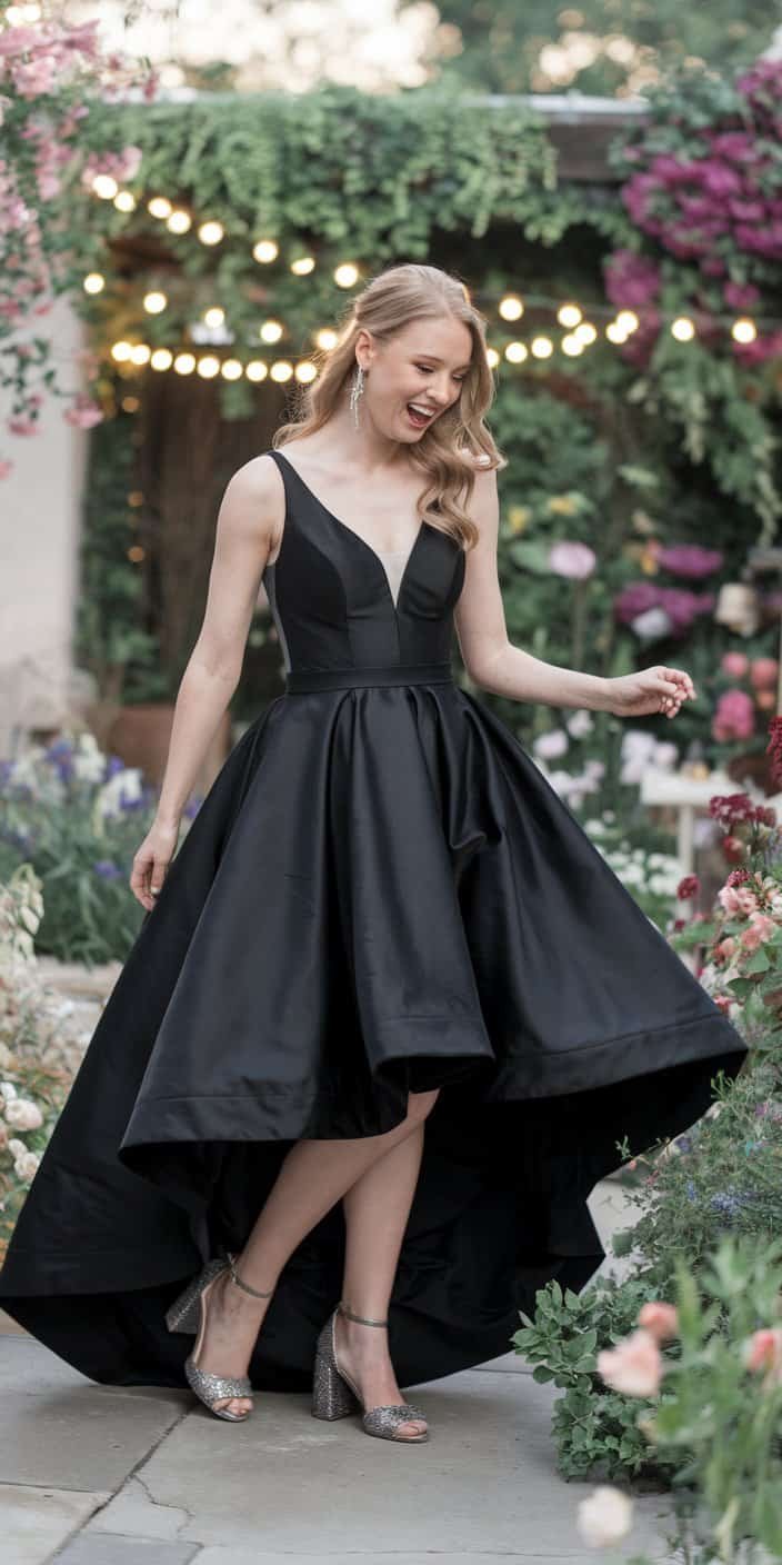 Black high-low wedding gown styled for a garden setting with vibrant floral backdrops.