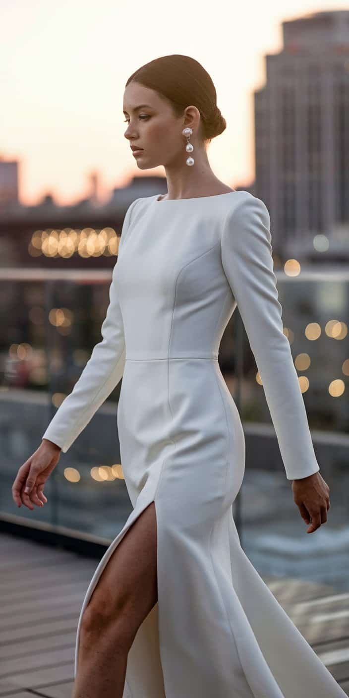 Bride in a sleek ivory crepe long sleeve wedding dress with a side slit, standing on a city rooftop.
