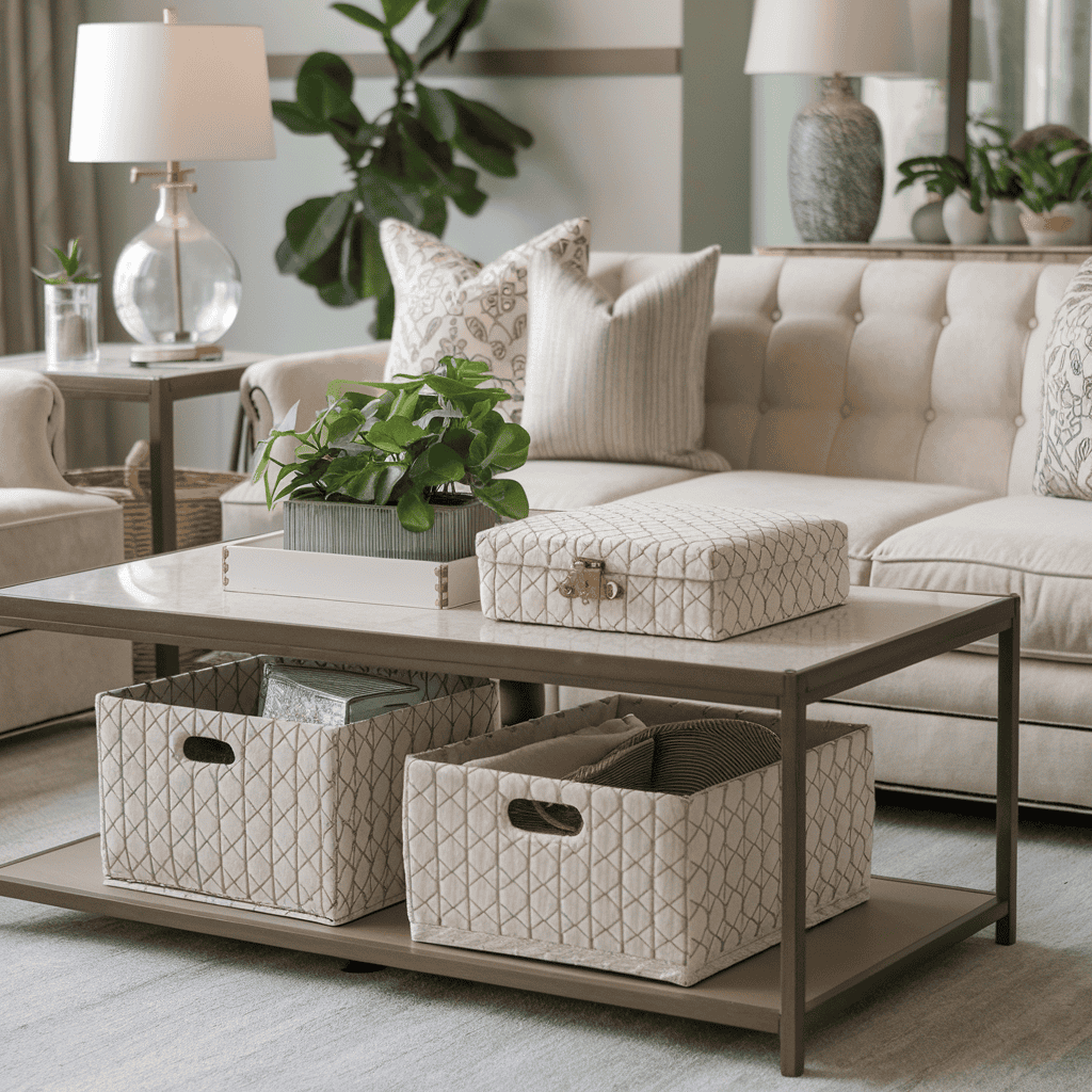 Decorative boxes under a coffee table providing stylish storage