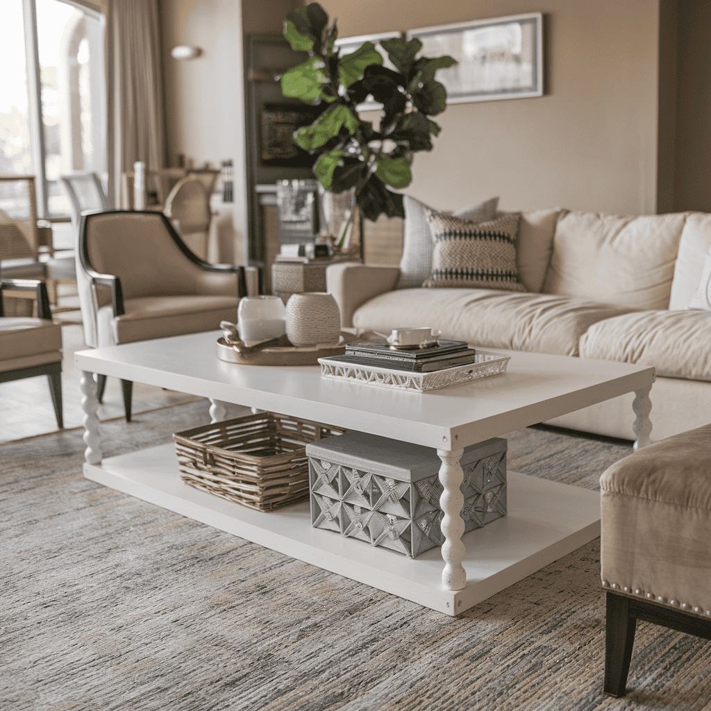 An organized coffee table with elegant storage options.