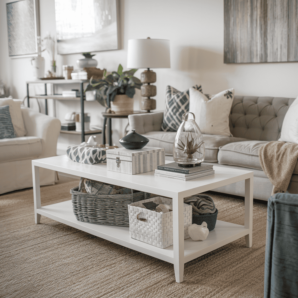 A neatly organized coffee table with essentials grouped together.