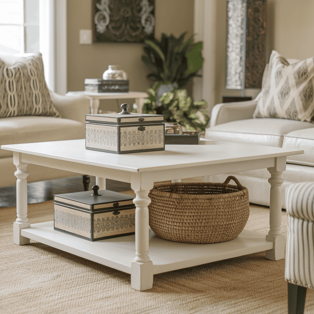 A coffee table with chic baskets for hiding away clutter.