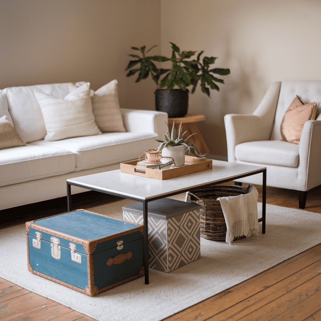 A modern living room with a coffee table featuring under-table storage solutions.