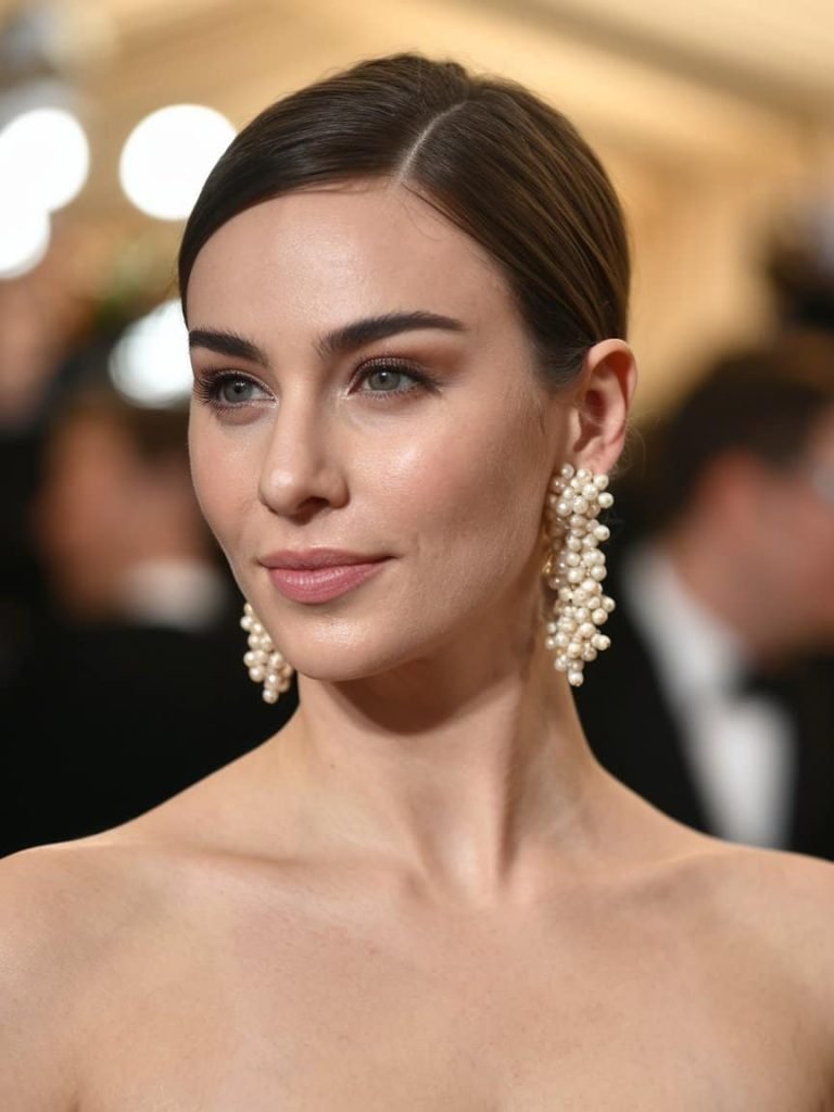 Close-up of elegant pearl drop earrings enhancing a black tie ensemble with graceful allure.