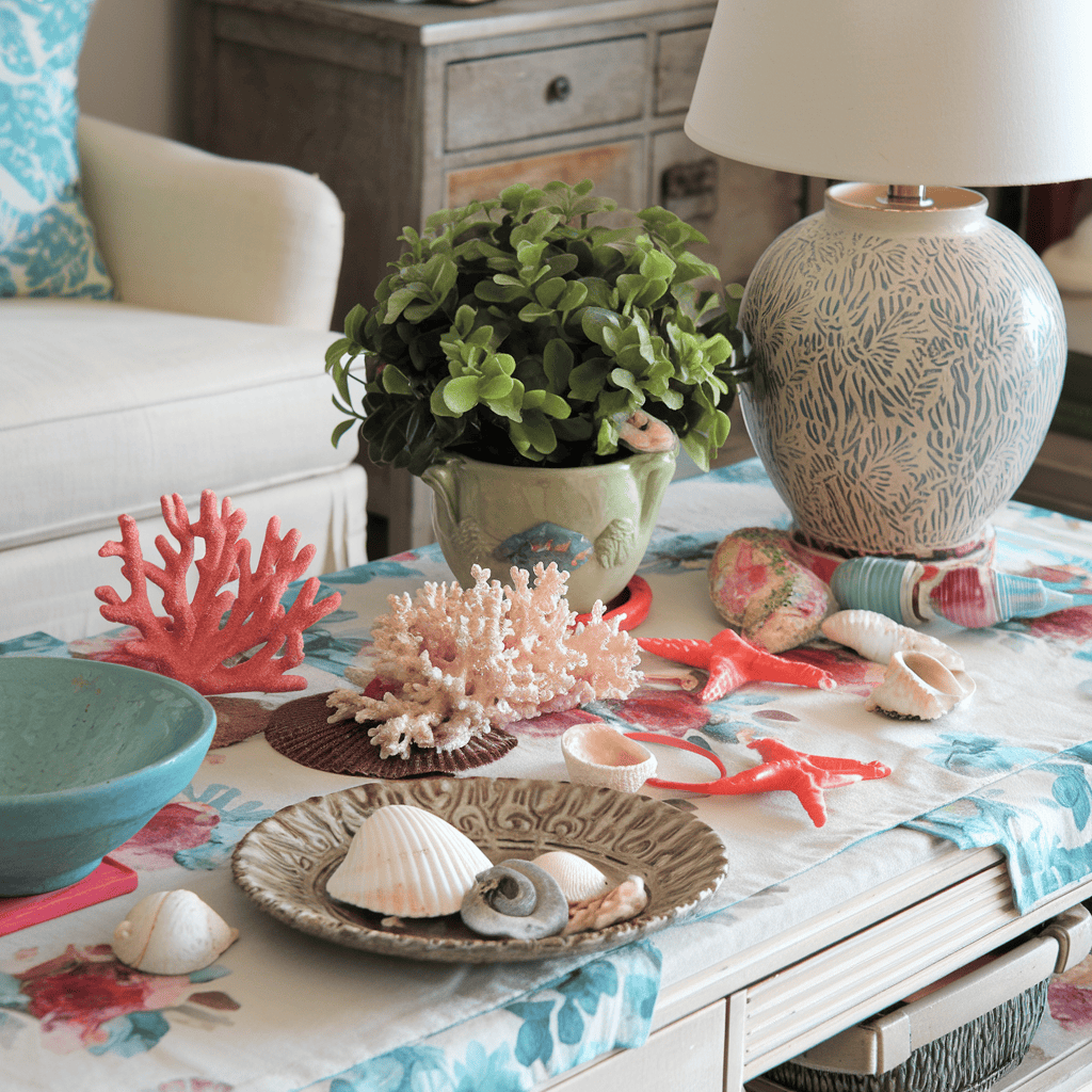 Bright summer-inspired items on a coffee table.