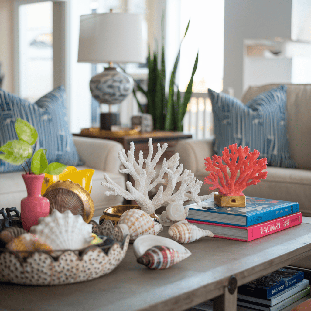 A coffee table setup with vibrant summer accents.
