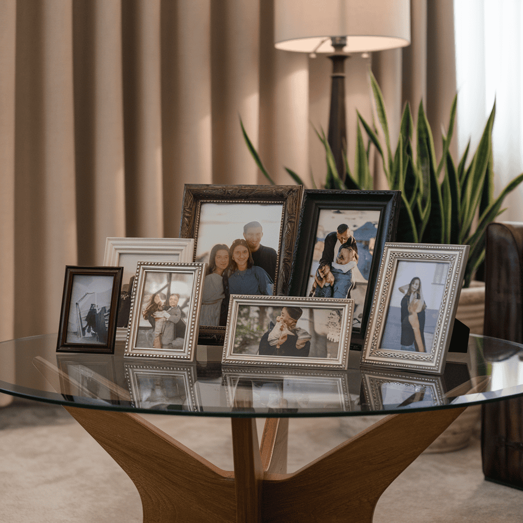 A living room with family photos of varying sizes creatively displayed on a coffee table.