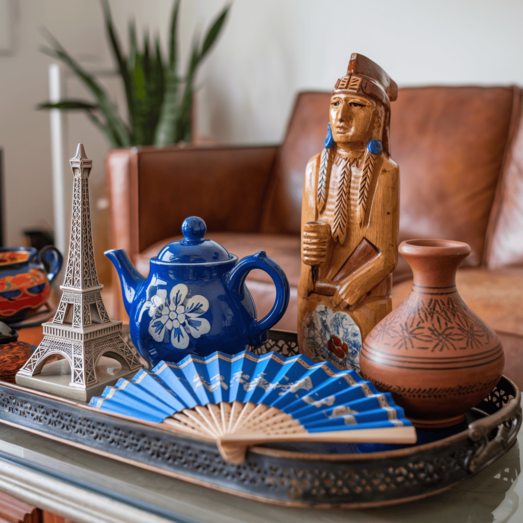 An eclectic mix of souvenirs on a coffee table, each with a story to tell.