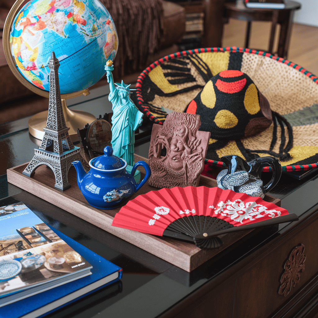 A collection of unique travel souvenirs artfully arranged on a coffee table.
