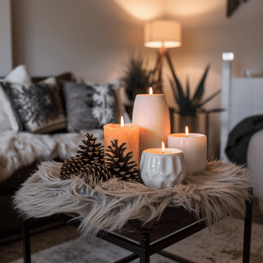 Seasonal candles and winter decor on a coffee table.