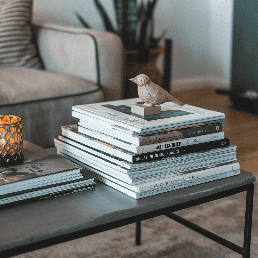 An elegant display of coffee table books with intriguing titles.