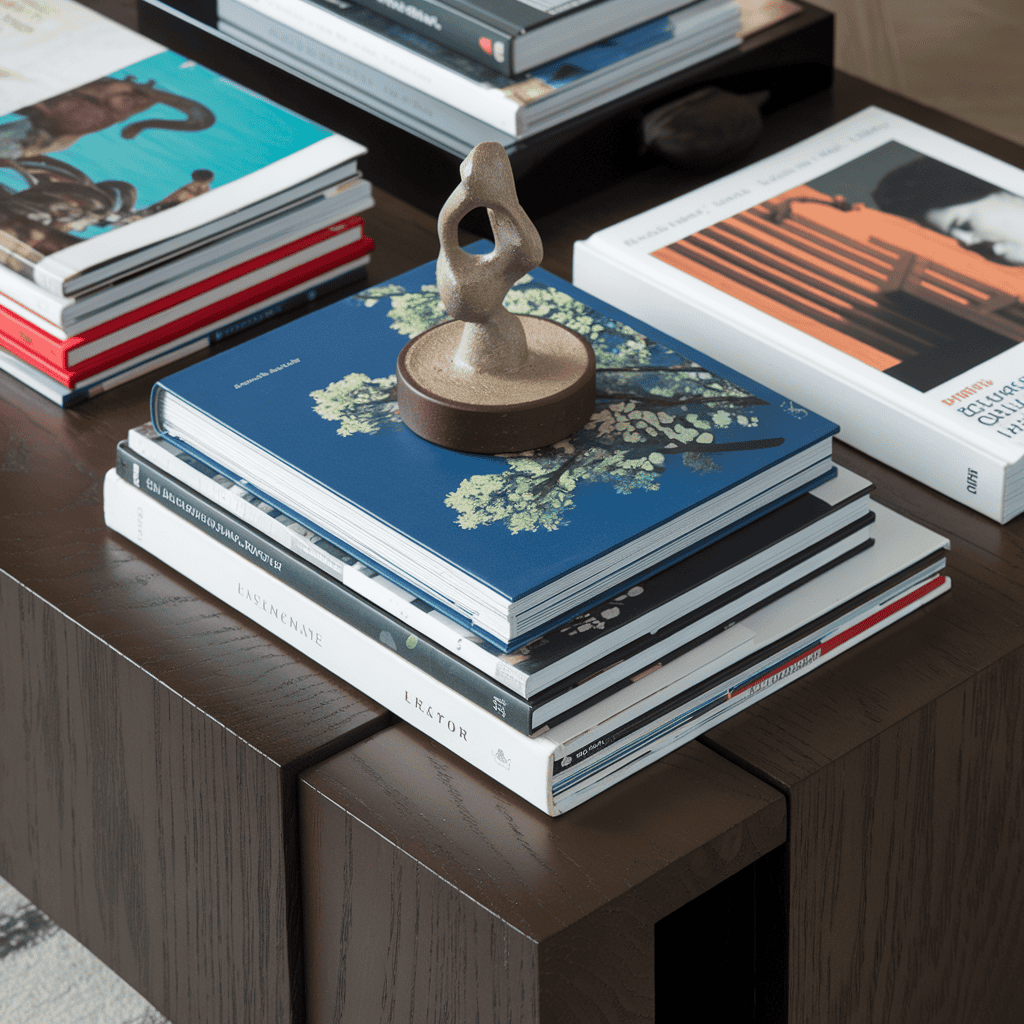 A coffee table showcasing a stack of large, beautifully bound books.