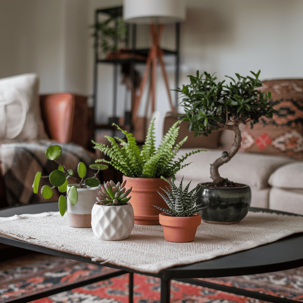 A bonsai tree displayed on a coffee table, creating a tranquil vibe.
