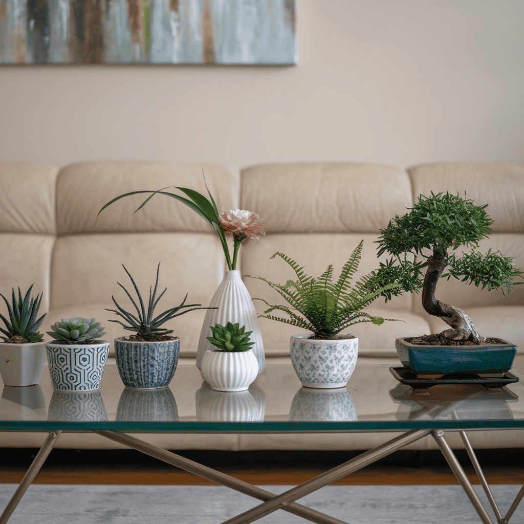 A stylish living room featuring a mini fern on the coffee table