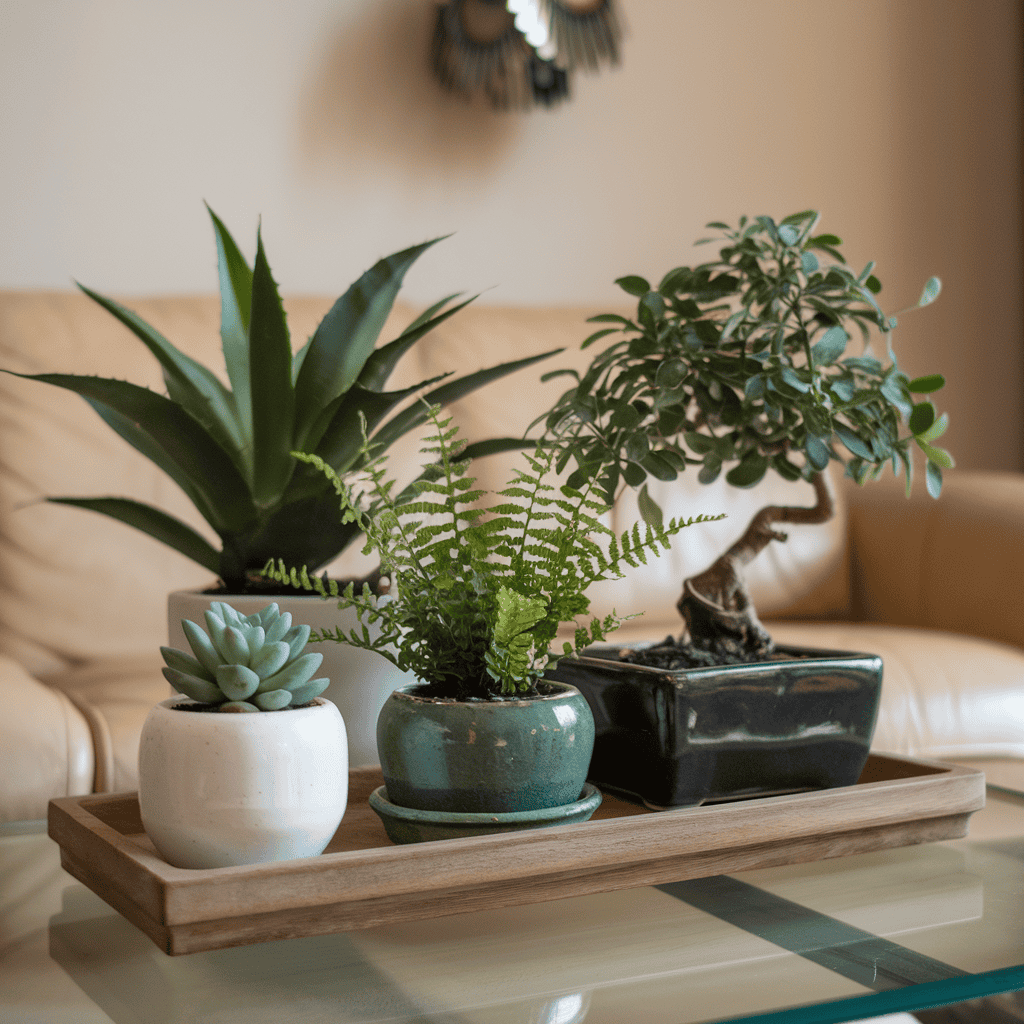 A coffee table with an assortment of small potted succulents adding a touch of greenery.