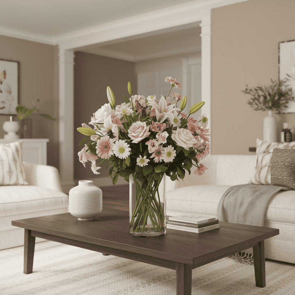 A coffee table adorned with a seasonal floral arrangement.