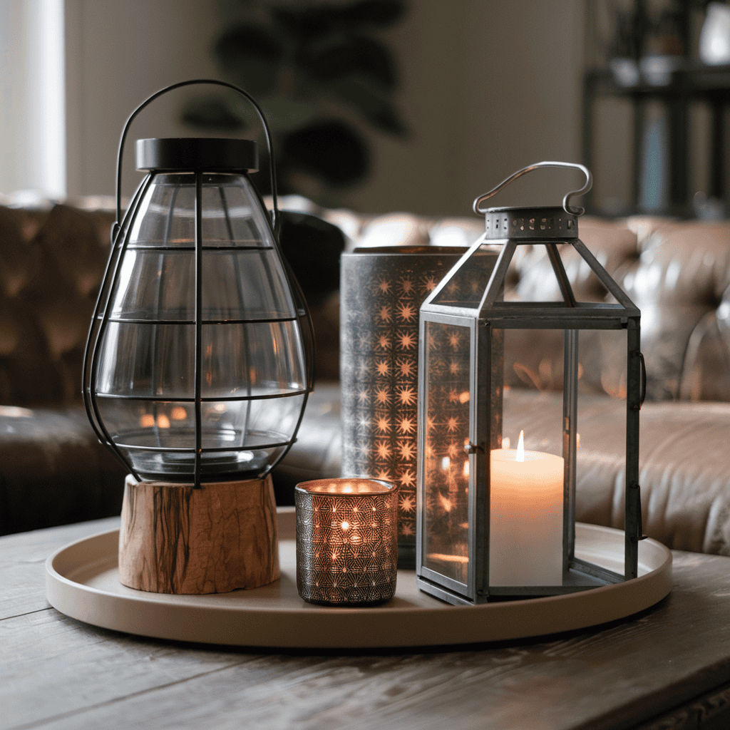 A beautifully scented candle on a coffee table creating a calming ambiance.