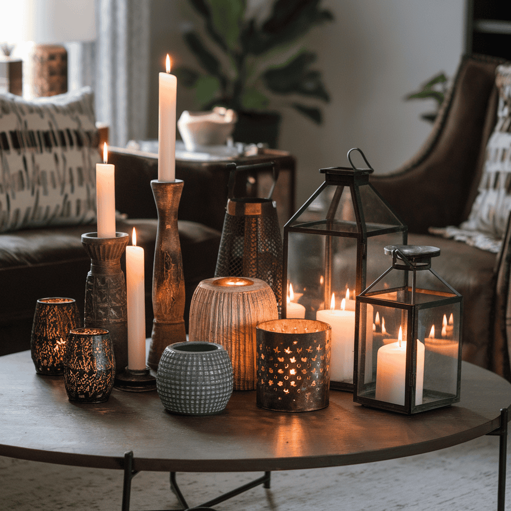 A stylish coffee table with scented candles in chic holders