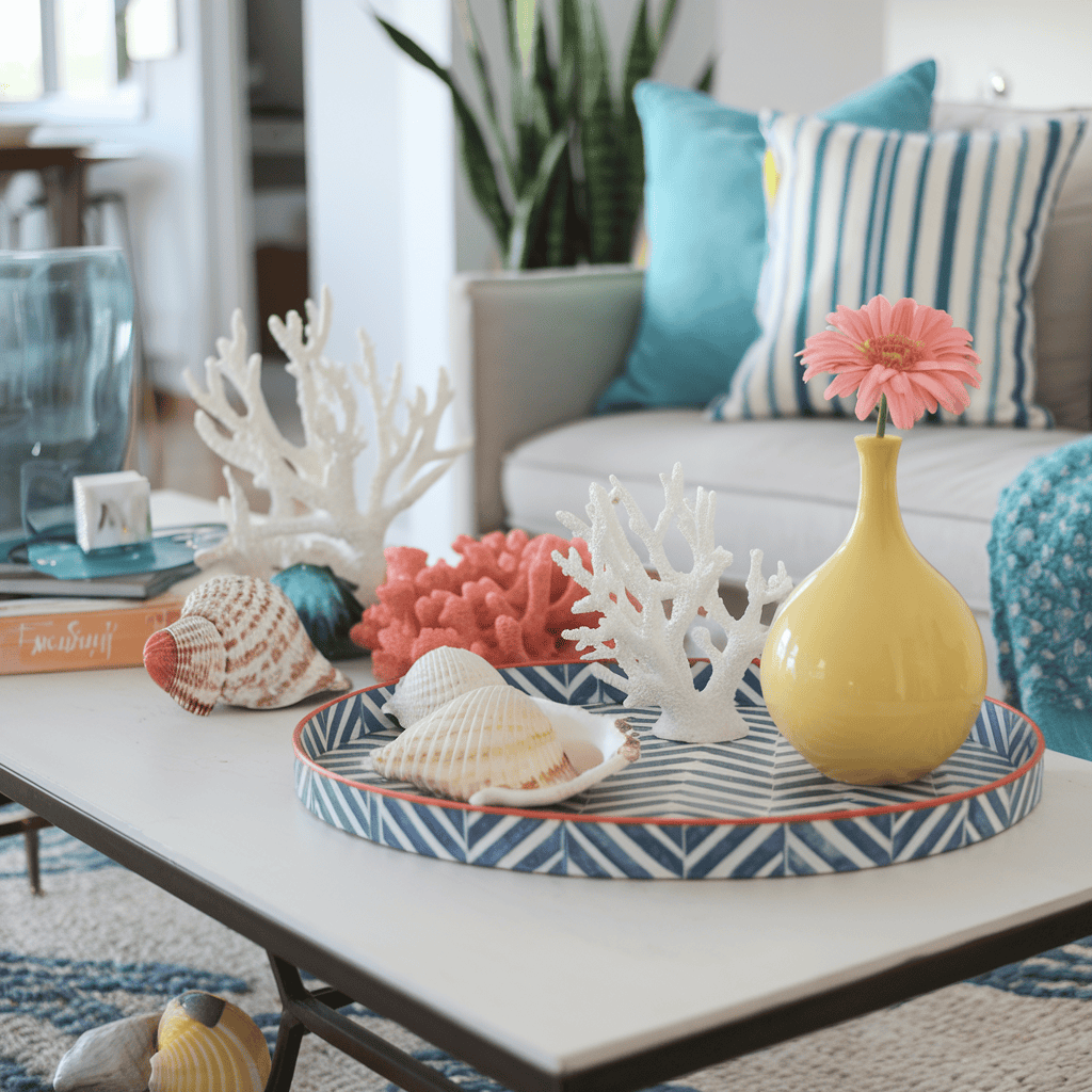 A breezy summer-themed coffee table decor.