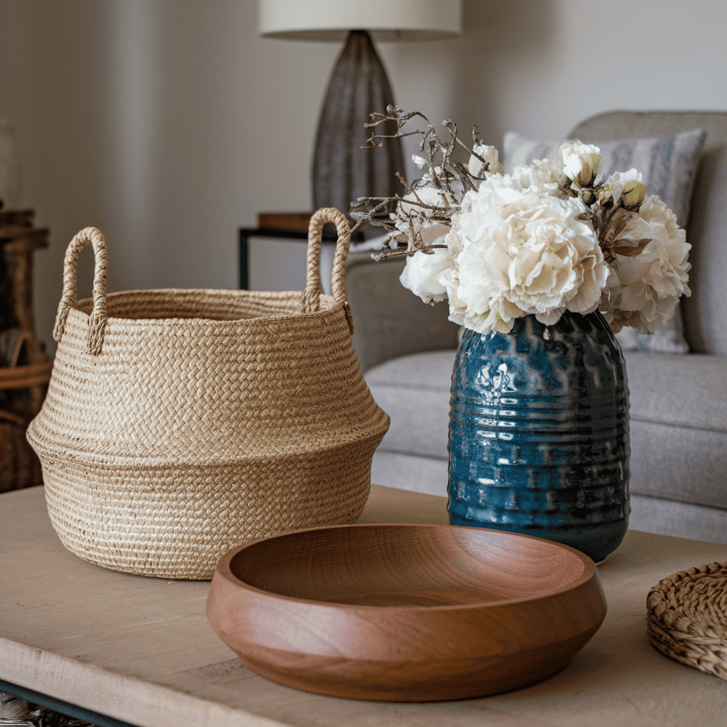 A modern living room featuring textured pieces on a coffee table.