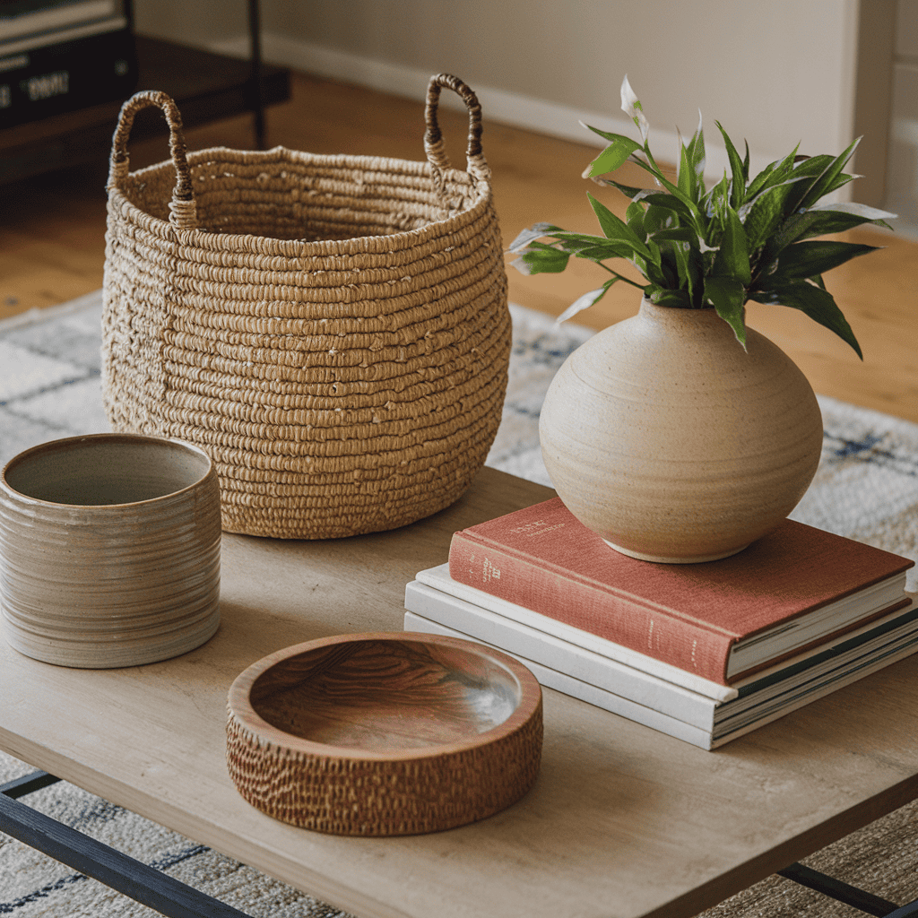 A coffee table adorned with woven baskets and ceramic vases.