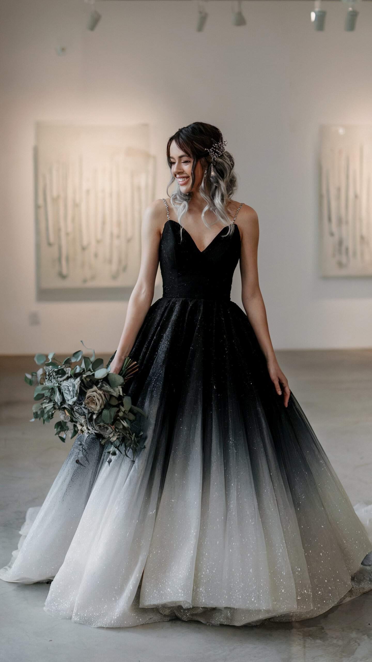 Close-up of gradient detailing on a black and gray ombré wedding dress for creative brides.