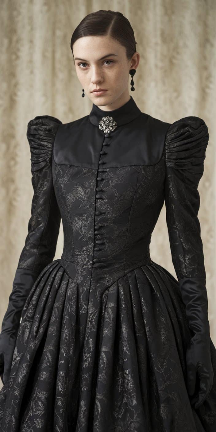 Sophisticated Gothic Wedding Dress with a high neckline and vintage brooch details for aristocratic gothic charm
