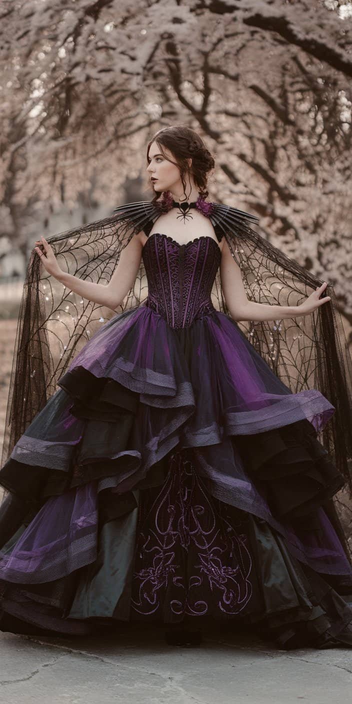 Dark Fantasy Gothic Wedding Dress featuring beadwork and hand-embroidered spider web details for a whimsical gothic bridal look.