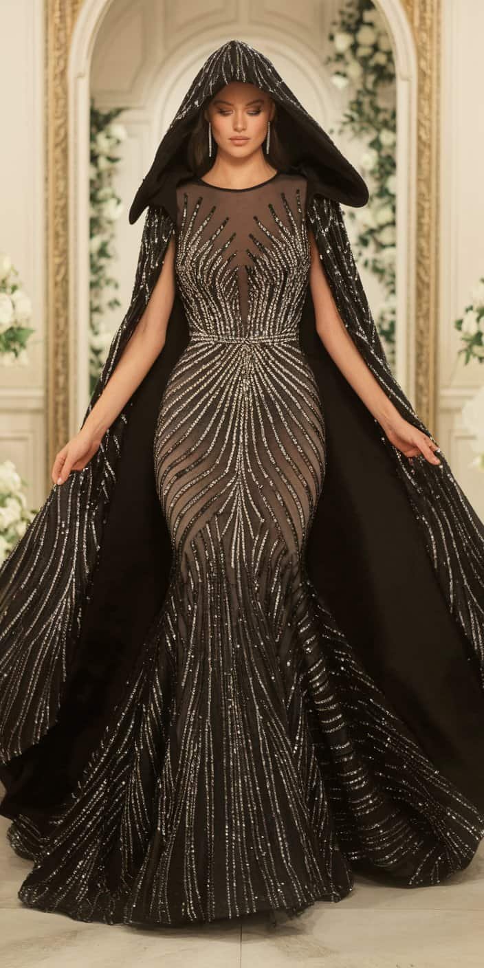Modern Gothic Wedding Dress featuring sheer panels and a detachable cape with hood for versatile styling