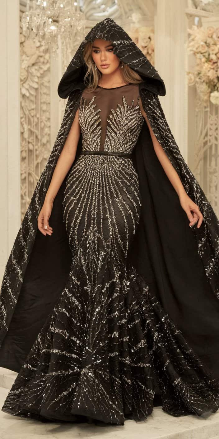 Gothic Wedding Dress with a form-fitting silhouette and dramatic flare, perfect for the gothic bride