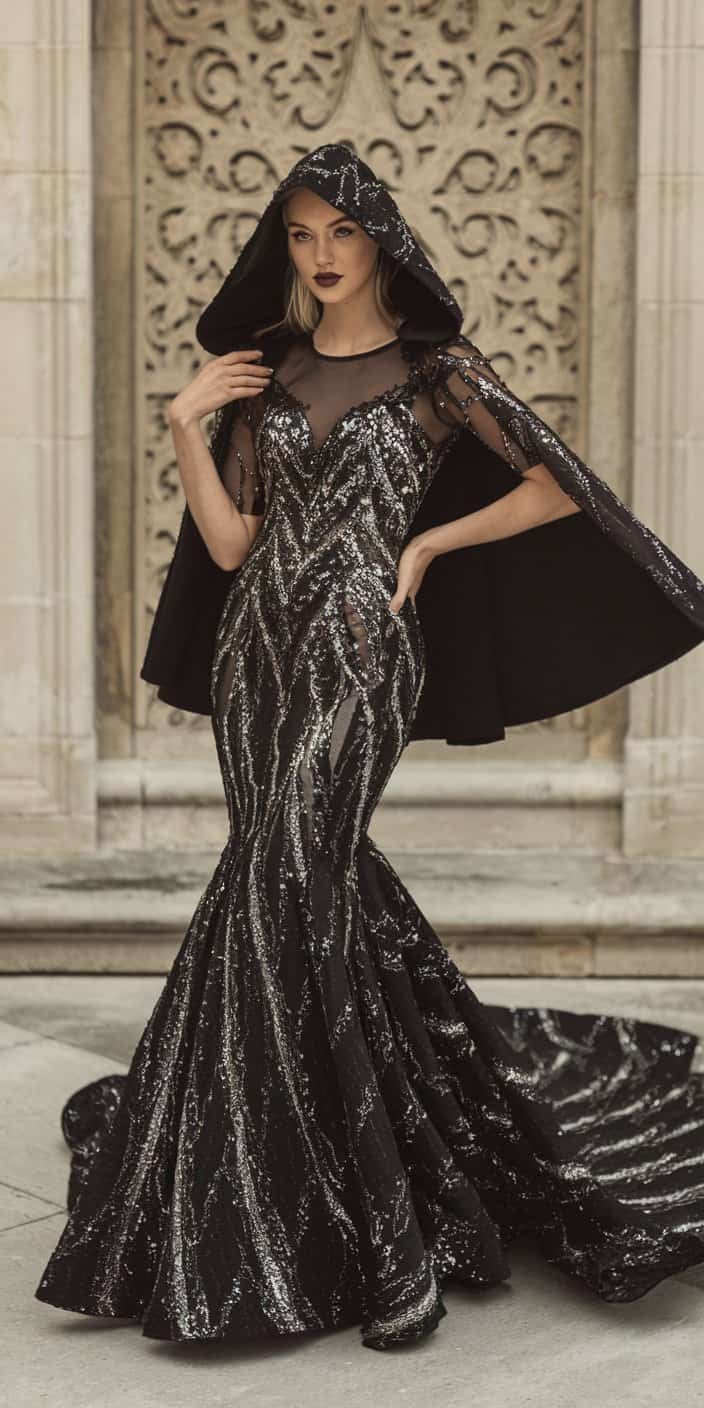 Stunning Gothic Wedding Dress with black sequins that graduate into silver for a mesmerizing light play effect