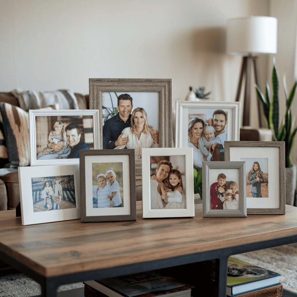 An eclectic mix of photo frames on a coffee table, showcasing personal moments.